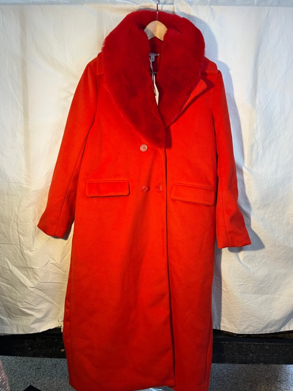 Stacy London Red Long Coat with Plush removable Collar - S NWT
